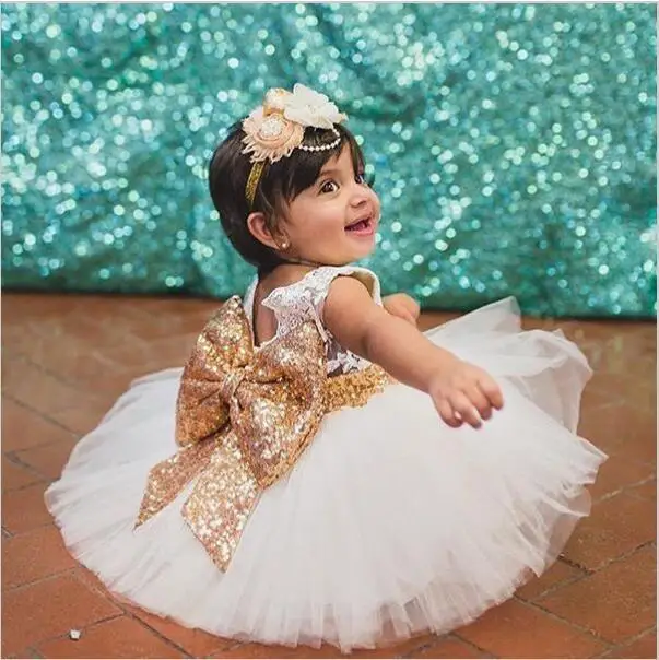 Wholesale Fashion 2018 Golden Big Bow Backless Princess Cute Little Girl kids Party Dress