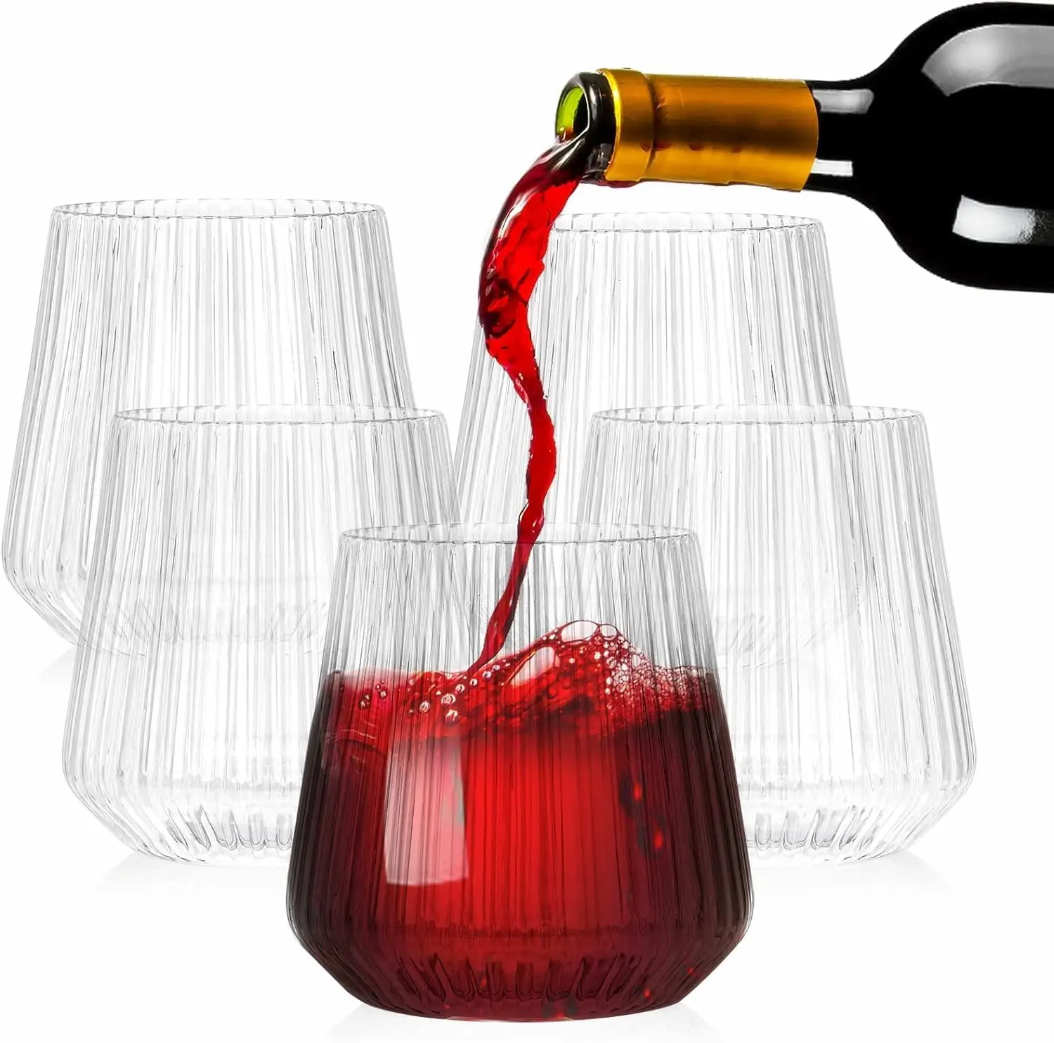 14Oz Disposable & Reusable Unique Vintage Stemless Plastic Ribbed Drinking Wine Glasses for Champagne Dessert Catering Weddings