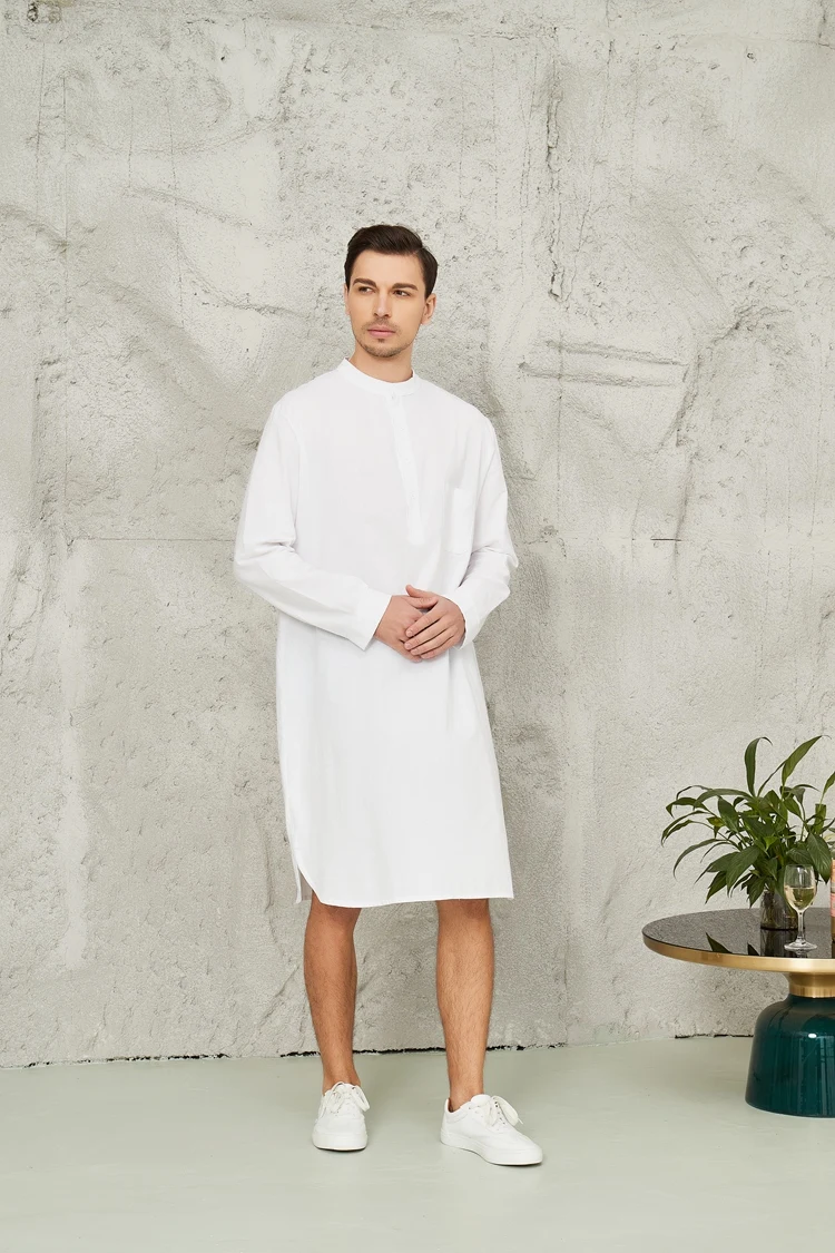 Middle East 100%Cotton Long Sleeve Button Solid Color Printed Shirt Islamic Men Clothing Muslim Clothes