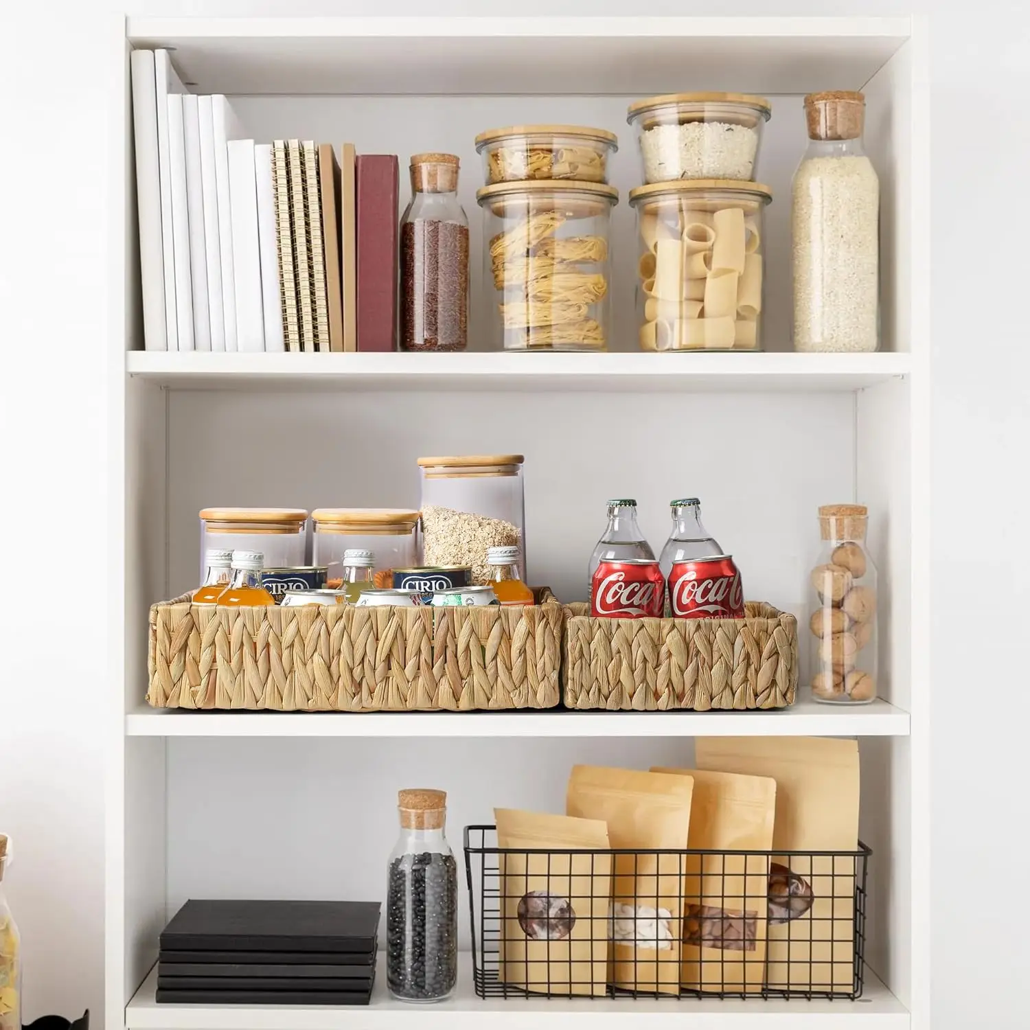 Wicker Basket Water Hyacinth Handwoven Baskets for Bathroom Organizing Towel Storage Baskets with Faux Leather Handles