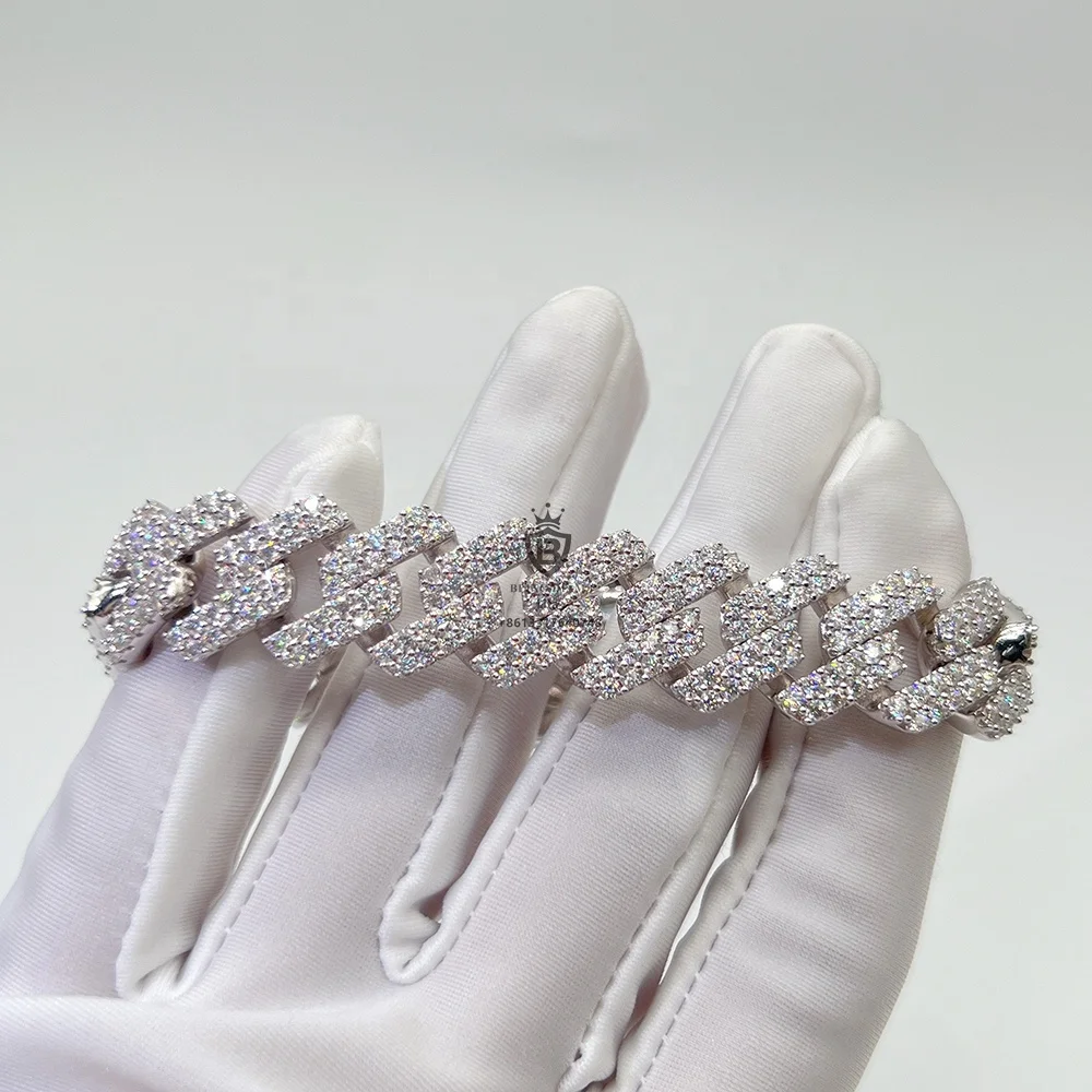 Popular design custom clasp gra certificate moissanite diamond 15mm cuban link sterling silver hip hop bracelets for mens