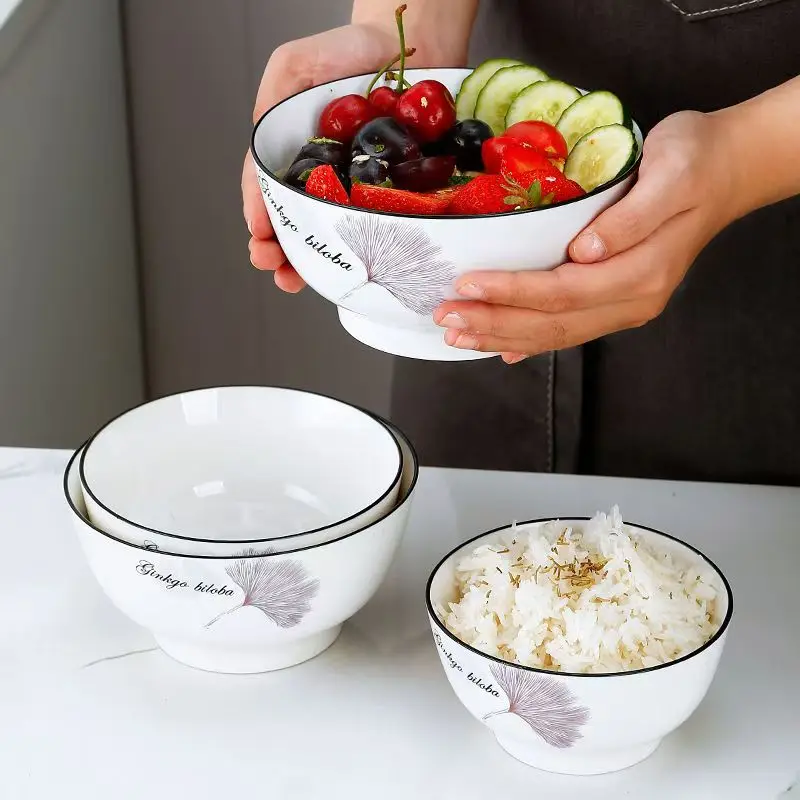 European Style High Aesthetic Series Household Ceramic Large Soup Bowl, Simple Ginkgo Leaf 7-inch Salad Bowl