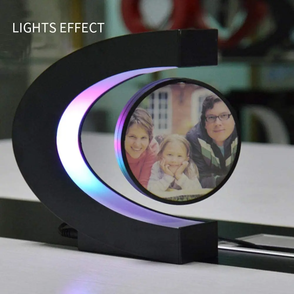 LED C Shape Base Magnetic Levitation Floating Photo Frame Levitating Rotate Display Poster Picture Frames for Room Decor