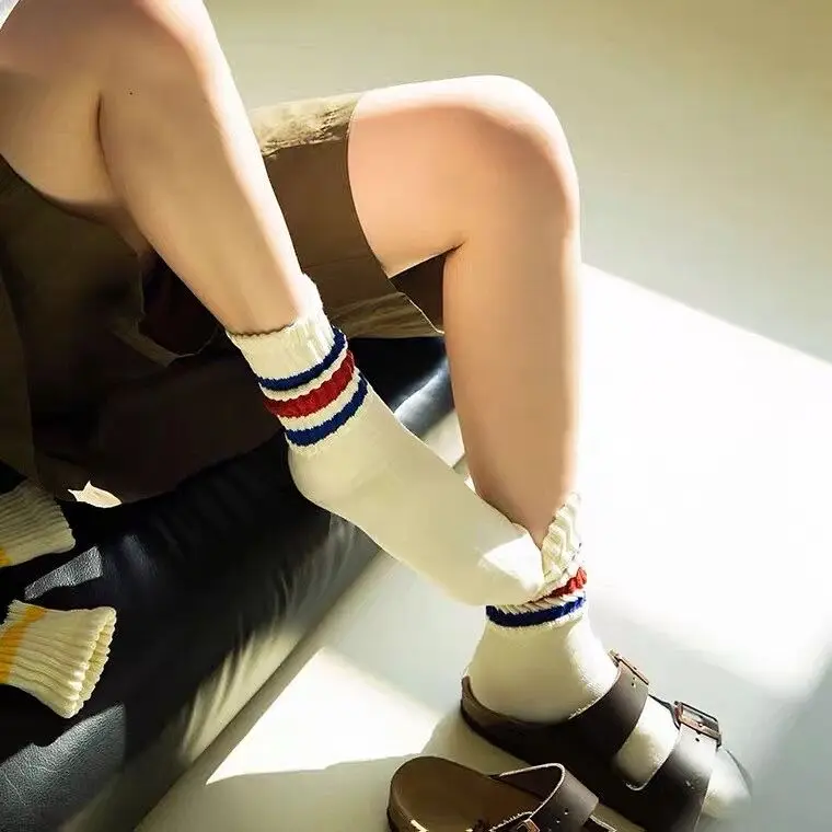 Men Striped Retro Coarse Old School Thermal Vintage Cotton Double Needle Streetwear Crew Sport Socks