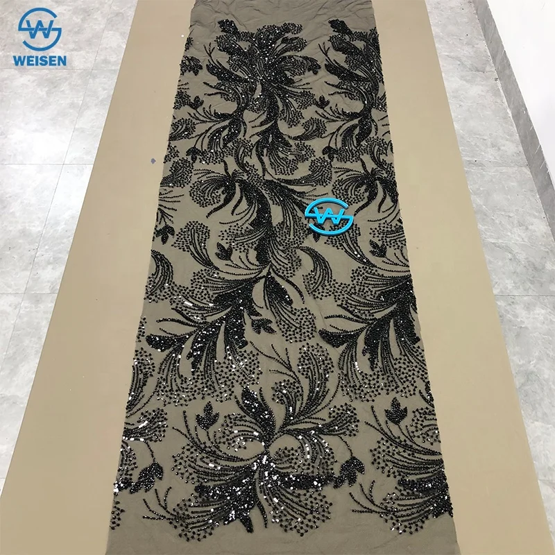 Luxury wedding sheer French lace sequins handmade tube bead lace fabric with gemstone beaded sheer lace WS3388