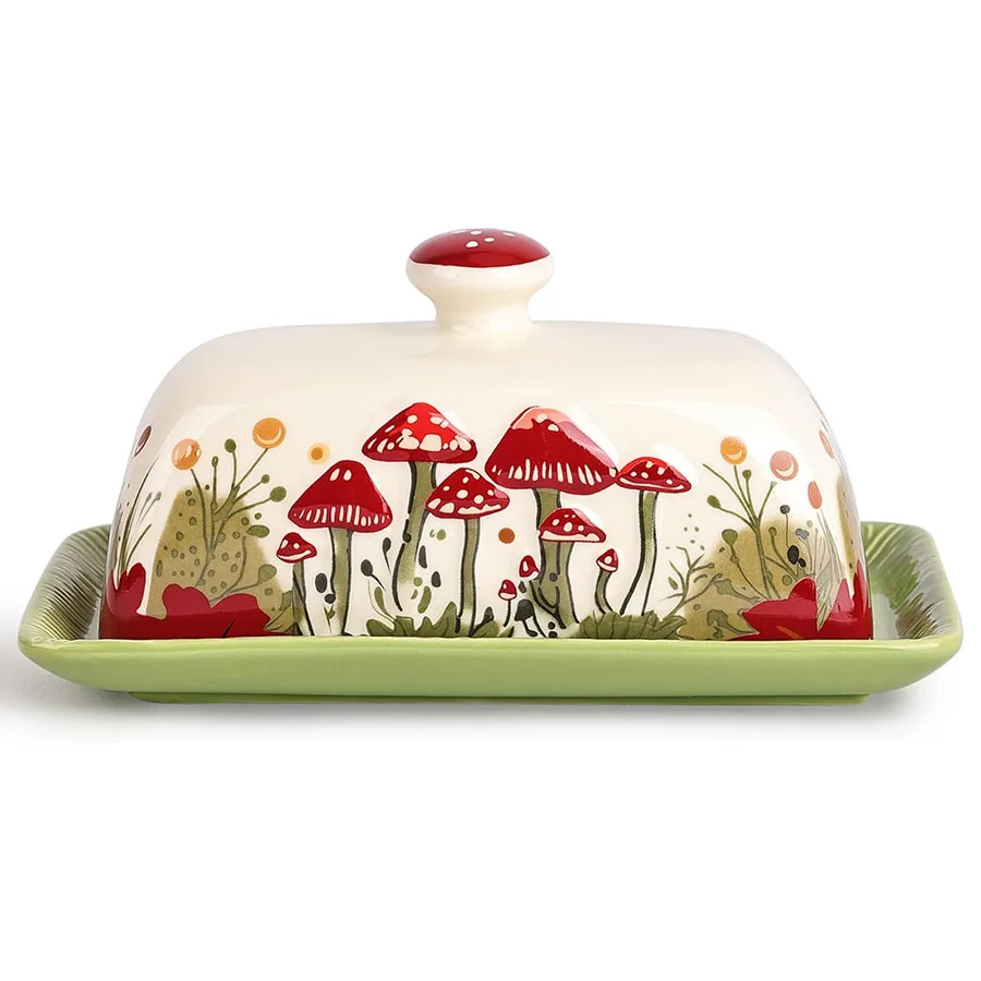 Mushroom Butter Dish With Lid For Counter top , Red Mushroom Butter Container,  Butter Tray Large Butter Dish Covered