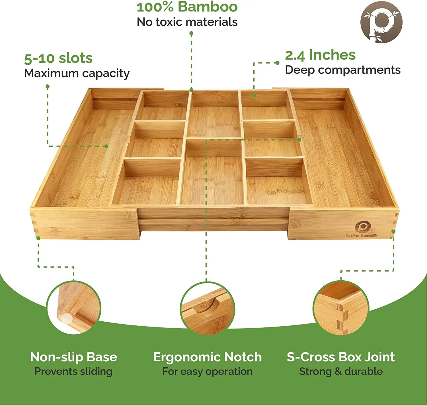 Bamboo Expandable Drawer Organizers for Kitchen - Extra Deep Non-Slip (expands up to 25 inches) Dark Wooden Silv