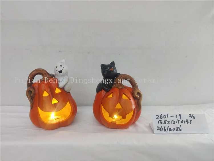 Party Decoration LED light Ceramic Halloween gnome with pumpkin Tealight Holder