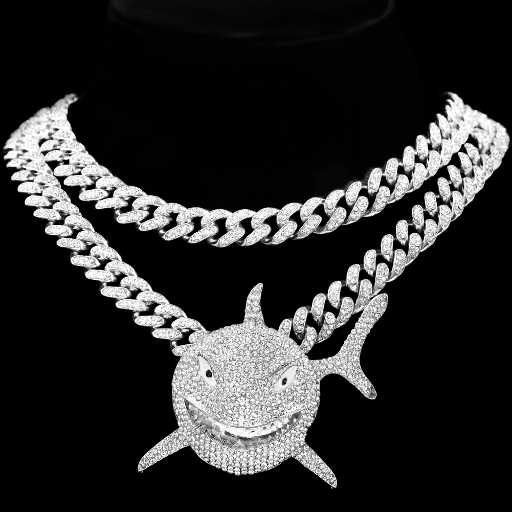 Hip Hop Cuban Chain Exaggerated Micro-inlaid Animal Necklace For Men Rapper Iced Out Large Shark Necklace