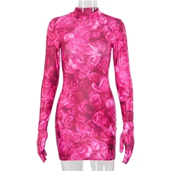 Fuchsia Floral Printed Slim Women Sexy Long Sleeve Mini Dresses Zipper Party Ladies Skinny Bodycon Mini Dress