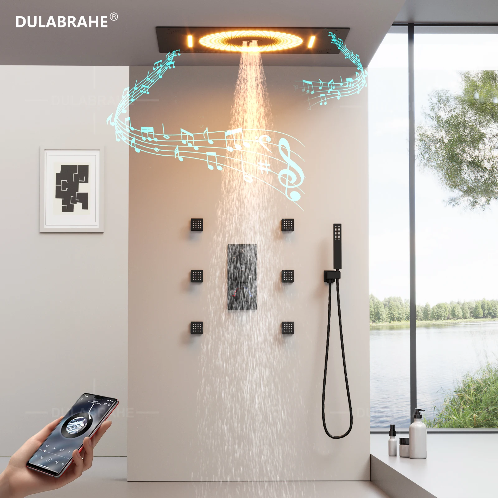 DULABRAHE 2024 NEW Bathroom LED Waterfall Shower Set 600*400mm Embed Ceiling Thermostatic Shower Faucet Set