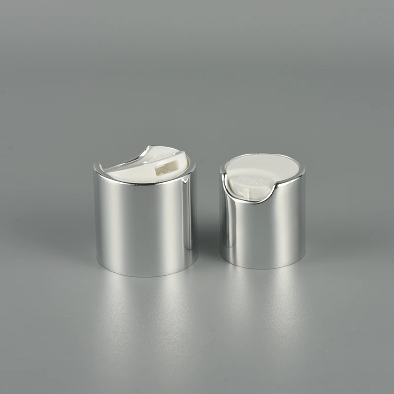 Liquid Cheap Cosmetic Plastic disc top cap with aluminum collar