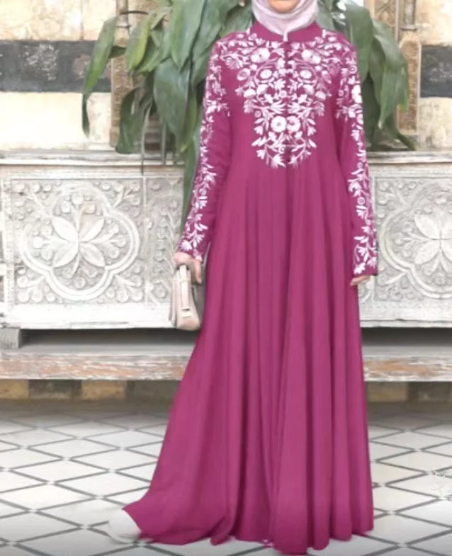 Elegant 2024 Muslim Robe With Long Sleeves and Standing Neck Floral Print Flare Ethnic Dress