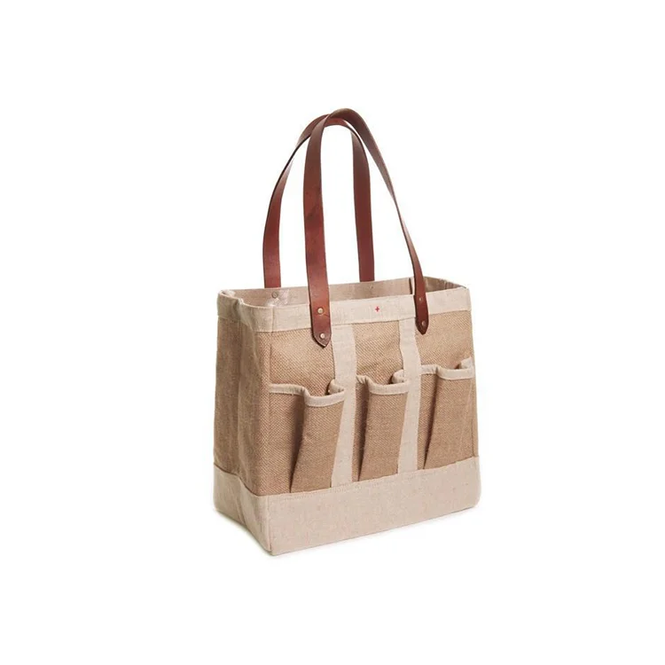 High quality office flowers storage leather handle black and white yellow and white stitching color jute storage bag