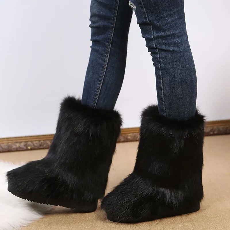 Hot selling fashion hairy ladies flat ankle boots shoes winter warm plush fur snow boots for women