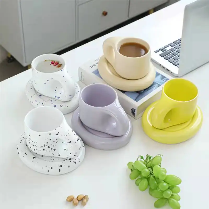 Best selling Nordic style fat mug cute couple coffee cups with handle lovely office ceramic mug and saucer sets