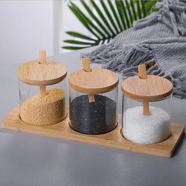 Spice usage 5oz round Storage container with natural bamboo wood cover and spoon for kitchen spices party supplies bulk sale