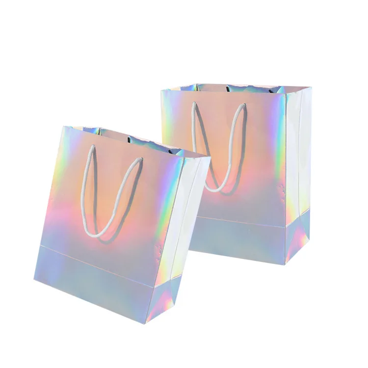 Fancy gradient holographic color cosmetic makeup clothing packaging bag skincare clothes t shirt shopping gift paper packing bag