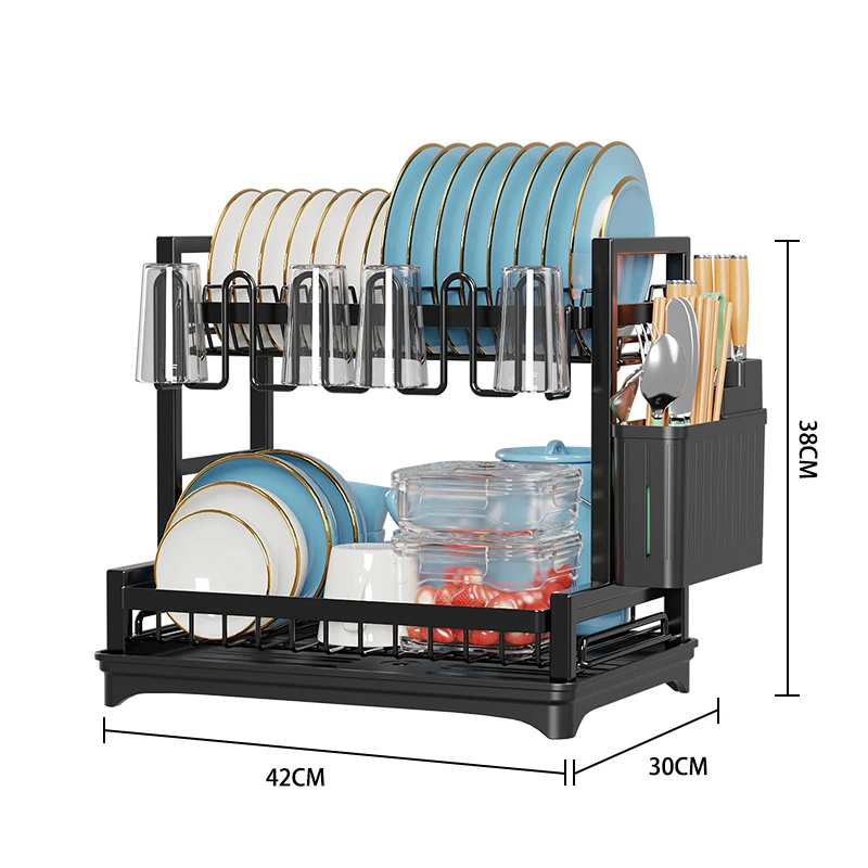 2 Layer Detachable Multifunctional Black Kitchen Shelf Plate Dish Drying Drainer Rack Utensil Storage Holder for Home