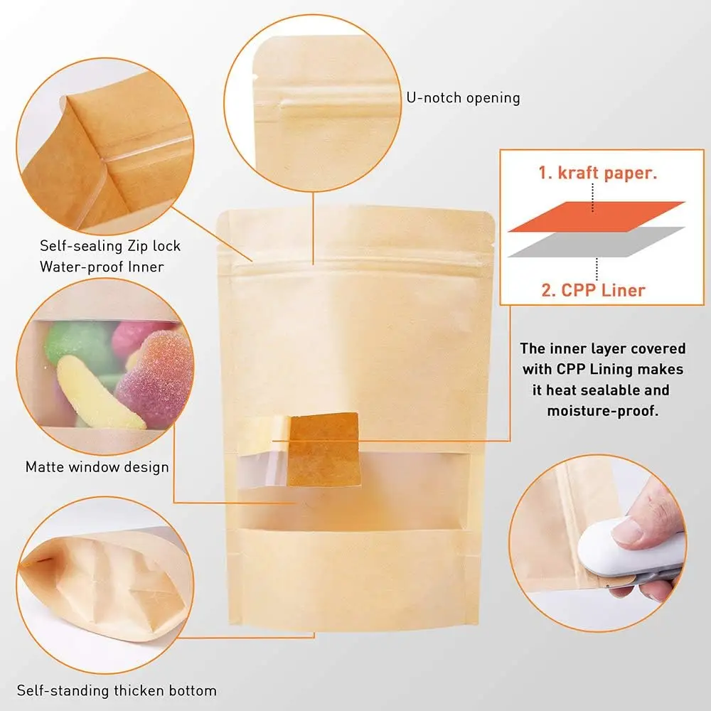 Заводской поставщик Ziplock крафт-бумага стоячие мешочки для упаковки пищевых продуктов пакеты на молнии с окном