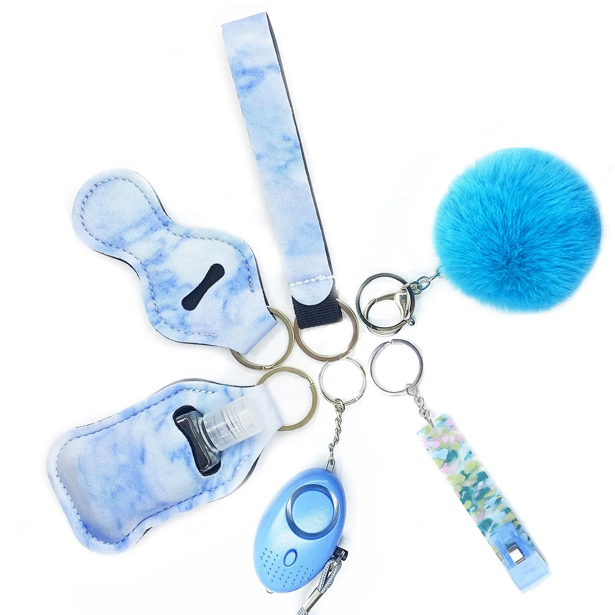 Брелок для ключей Tiktok, поставка брелоков для самозащиты, с помпоном, с меховым помпоном, с ремешком на руку, с захватом карт, для самозащиты, набор из 6 шт.