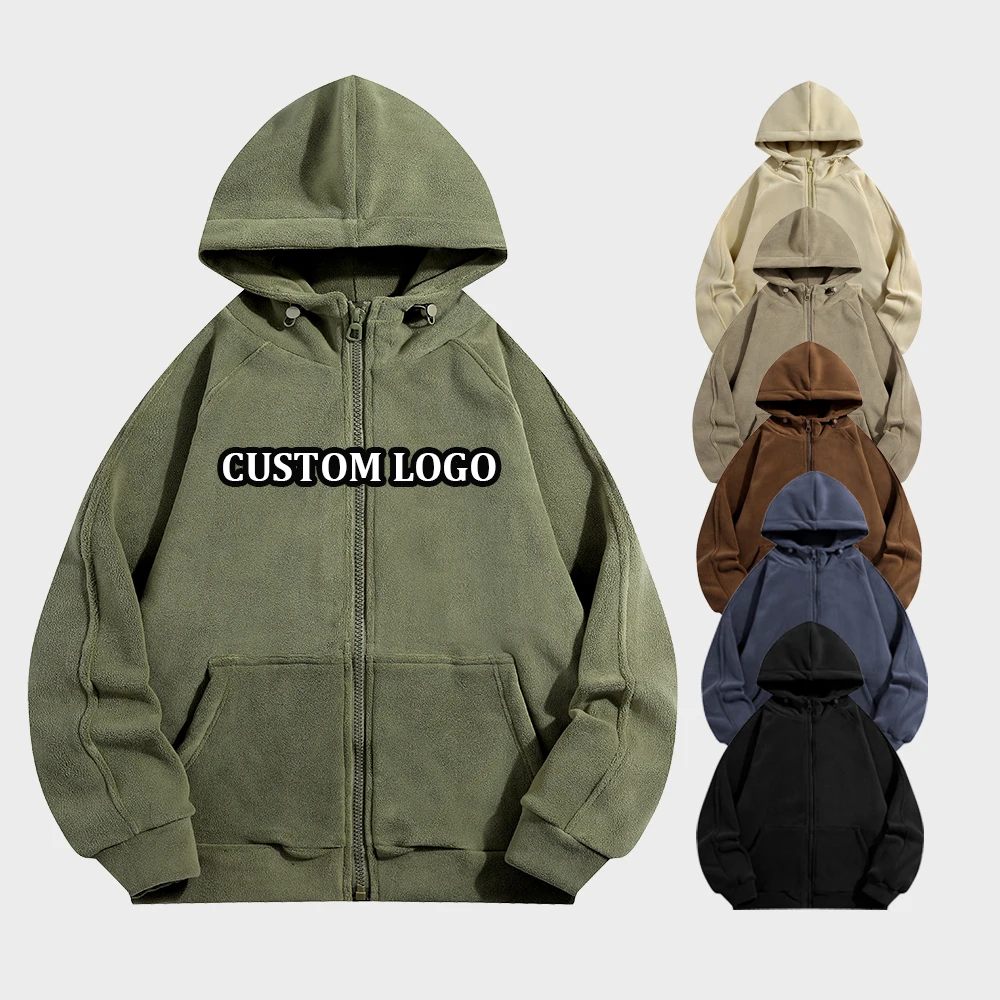 Custom Logo Winter Coat Polar Solid Color Oversize Zip Up Hoodies Sherpa Fleece Jacket for Men