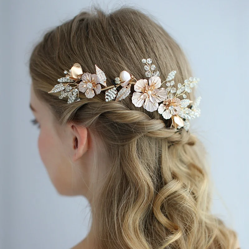 Wholesale high quality metal flowers crystal beaded leaf bridal hair pieces