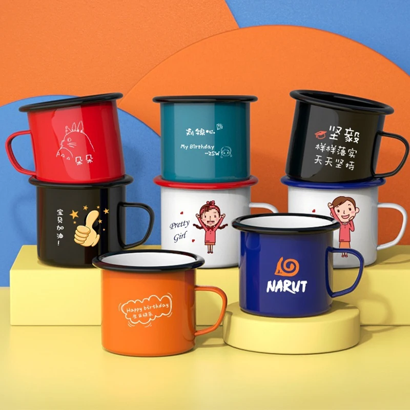 Wholesale 6/7/8/9/10/11/12/14cm 12oz Custom Logo Printed Metal Steel Outdoor Travel Enamel Camping Coffee Tea Cup Mug With Decal