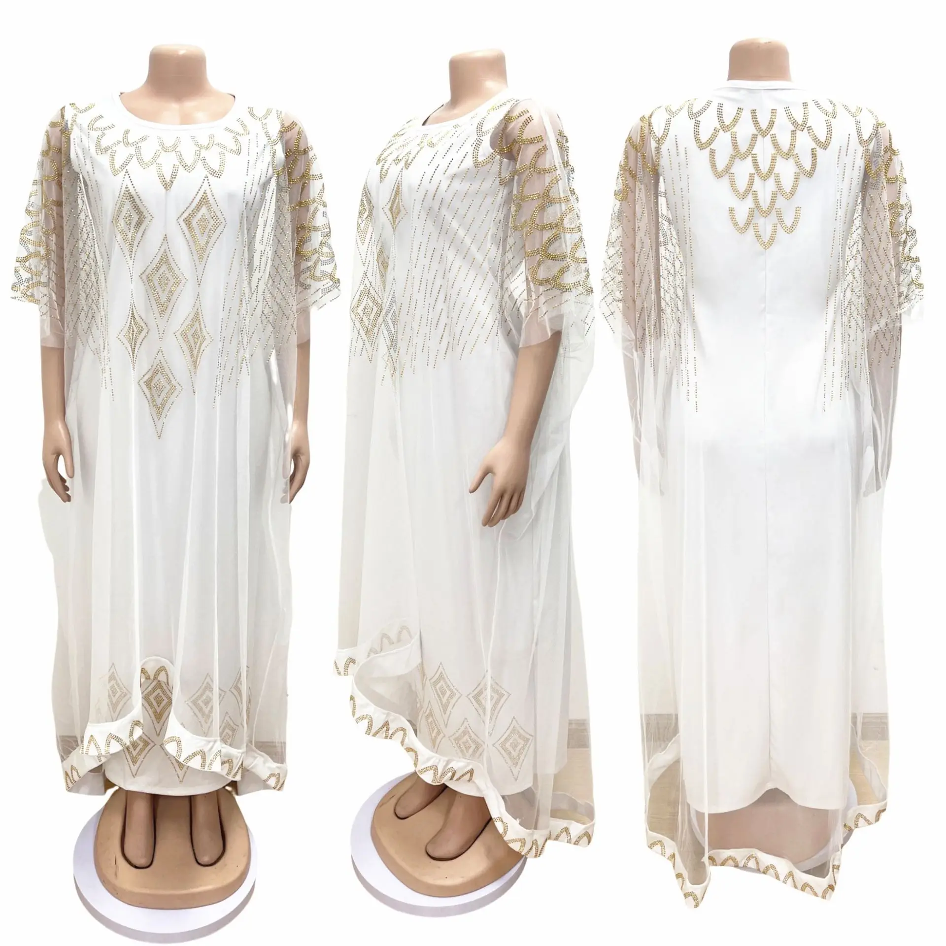 2023 Traditional African Dress for Women Elegant Long XXL Two-Piece Robe Dress with Drill Net Gauze Hot in Middle East Africa
