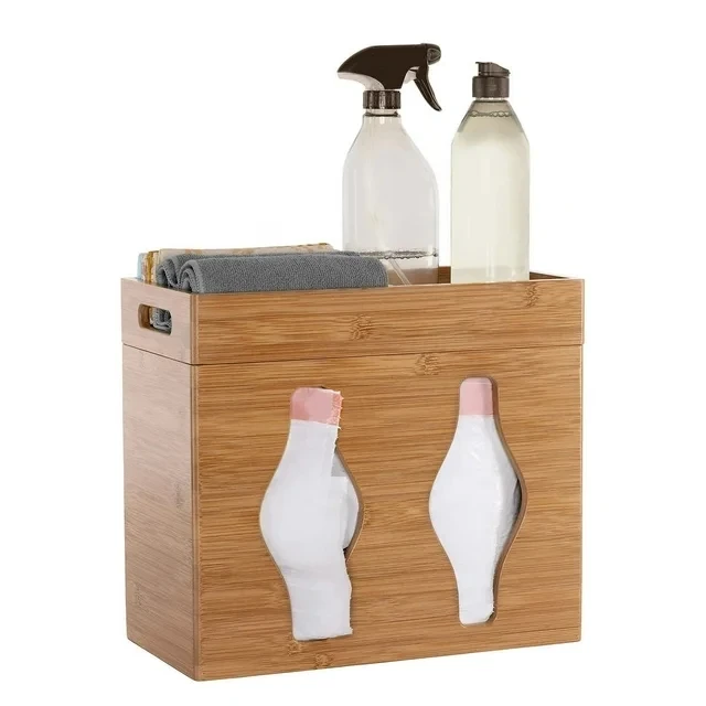Large 2 in 1 Trash Bag Dispenser Bamboo Garbage Bag Holder and Tray Kitchen Laundry Trash Wall Mounted or on Countertop