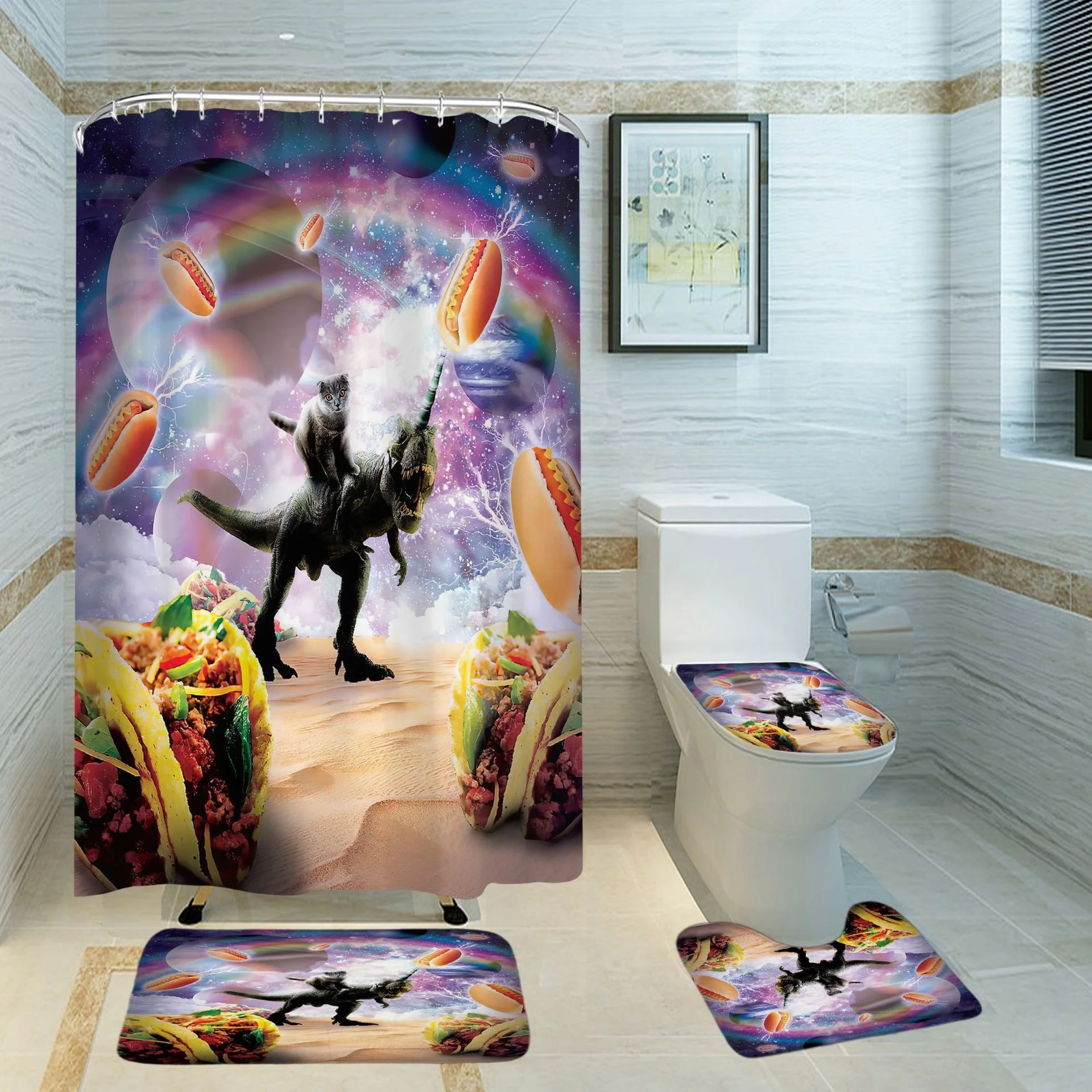 New Bathroom Curtains 2024 Thickened Waterproof Cat Dinosaur 3d Digital Printing Shower Curtain 4 Pcs Set For Bathroom