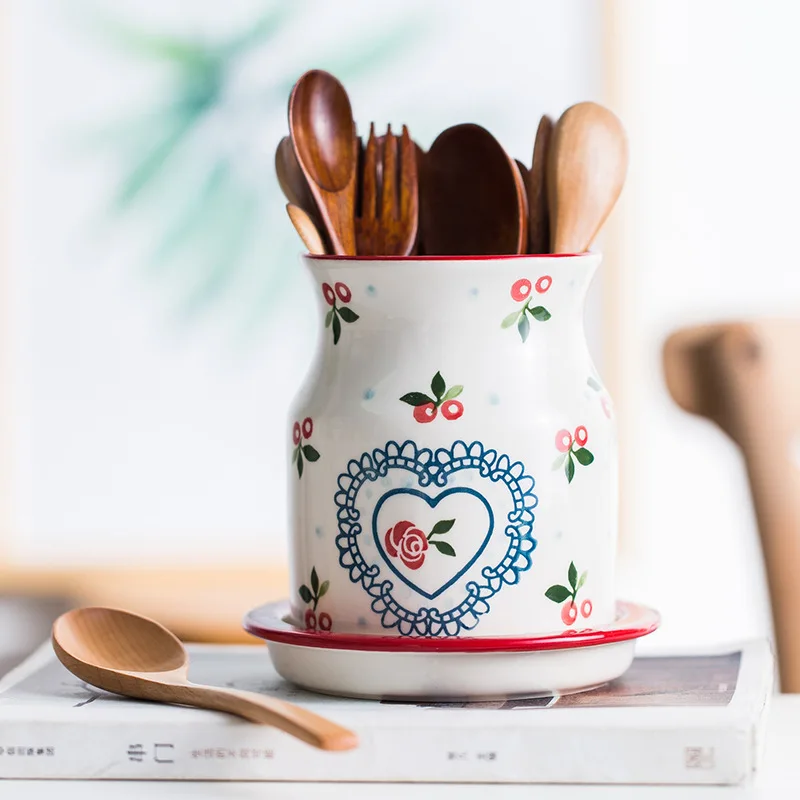 Red Cherry Printed Ceramic Chopsticks Cutlery Holder with Drainage Tray