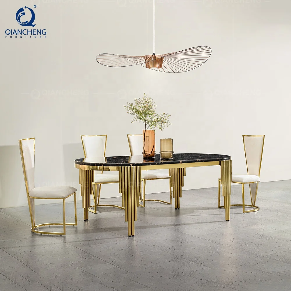 custom design restaurant marble top golden dinning table and chair set stainless steel furniture modern dining table