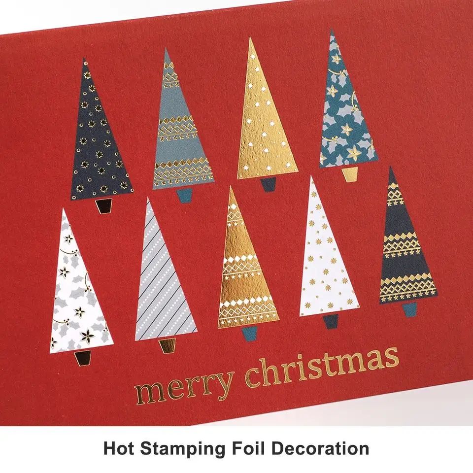 Custom Printed Handmade Paper Christmas Tree Boxed Happy Holidays Greeting Cards with Envelope Set