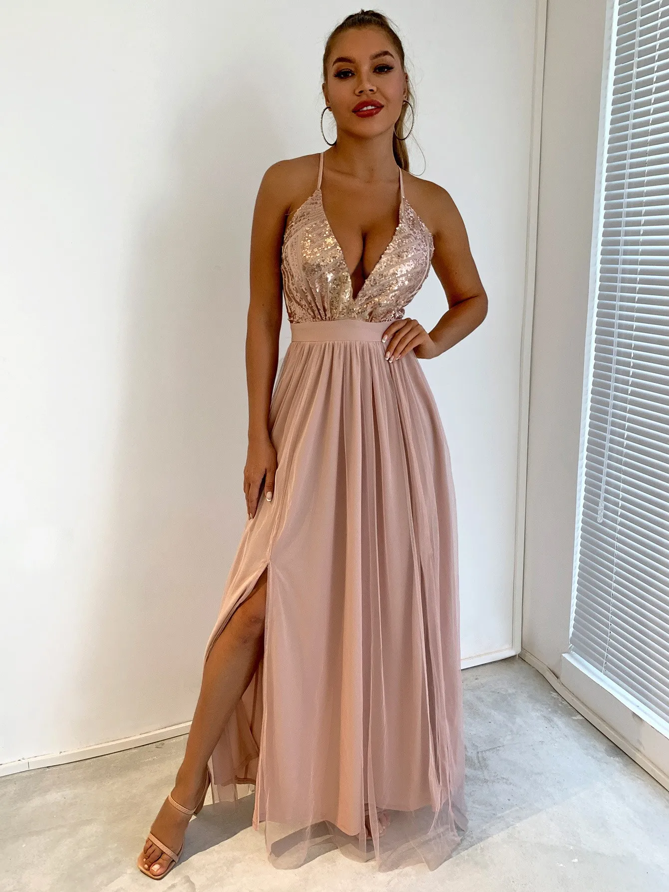 2022 New Product Sexy Modest Wedding Mother Of The Bride Dresses women Sexy Mesh Sequined Slit Slip Casual Dress For Wholesale