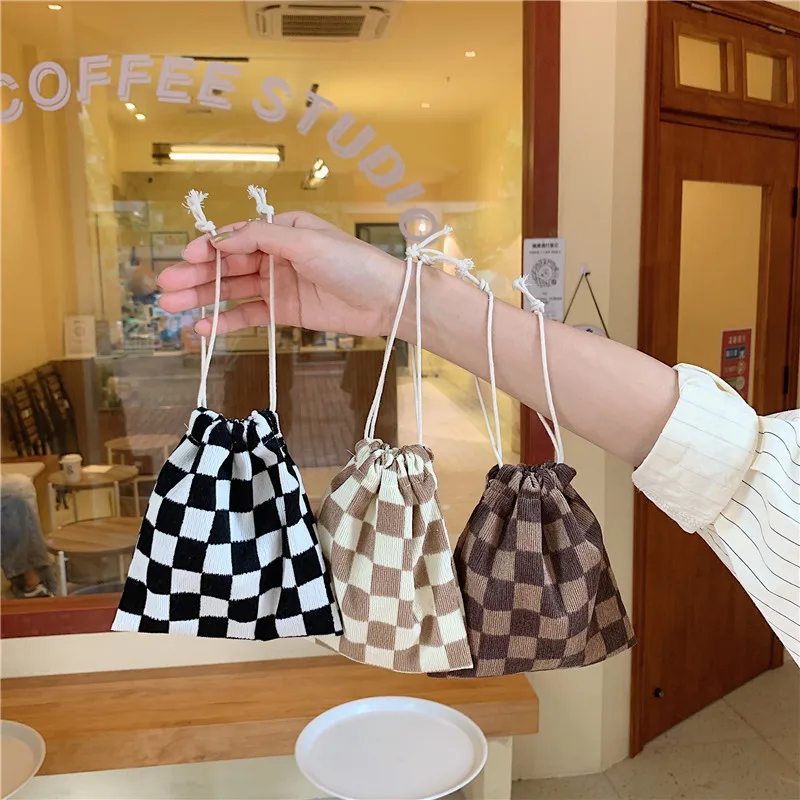 Simple cute plaid square pocket storage bag small size check drawstring bag for packing