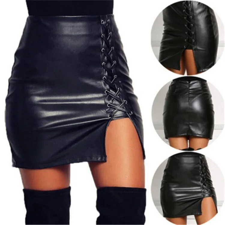 Summer Ladies Mini Sexy Short Skirts High Waist Bodycon Bandage Pencil Skirt Women Pu Leather Dresses QA046