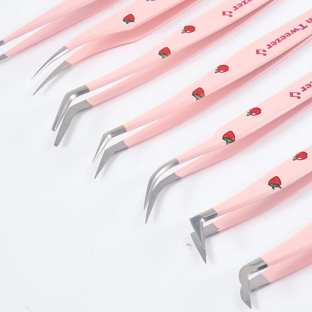 Pink Fiber Tip Tweezers Stainless Steel Volume Diy Lash Extension Tweezer Eyelash Tweezer Set With Fiber Grip