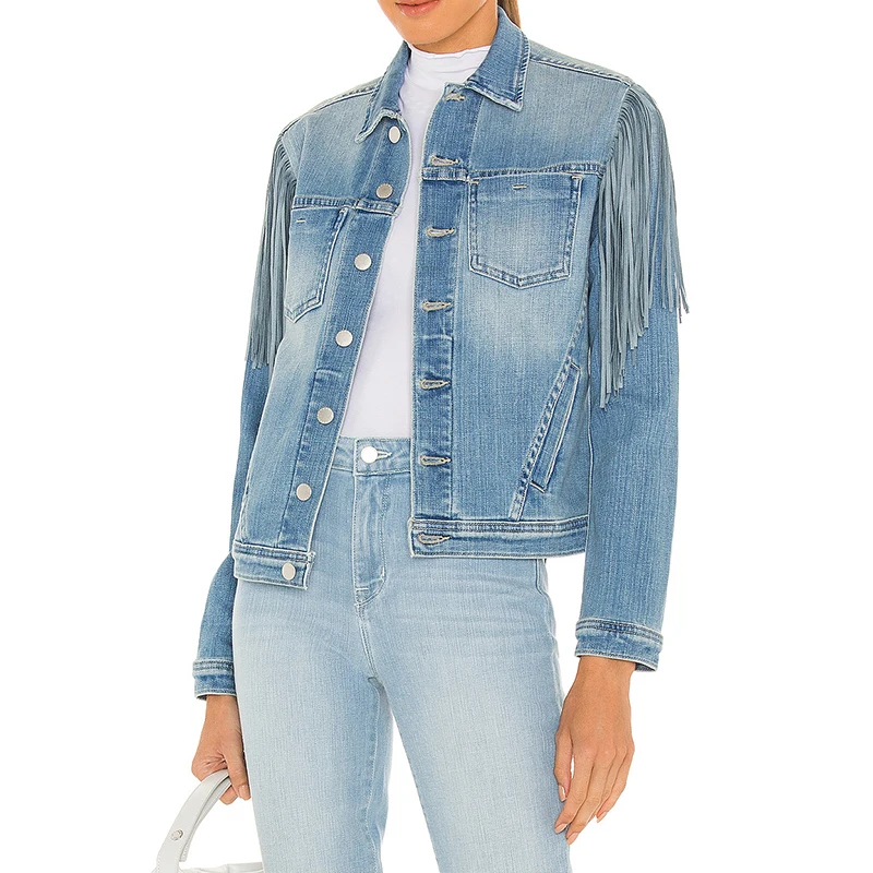 Wholesale Plain Spring Ladies Female Fringe Denim 2021 Crop Jeans Jacket For Women