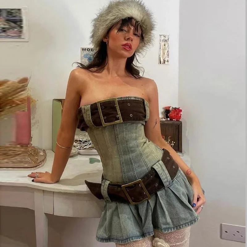 American Retro Vintage Off Shoulder Strapless Dress Female Belt Design Slim Babes Pleated Denim Skirt