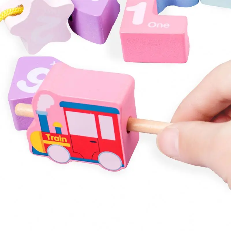 New Design Wooden Learning Baby Toys Colorful Number Stringing Threading Train Digital Beading Math Montessori