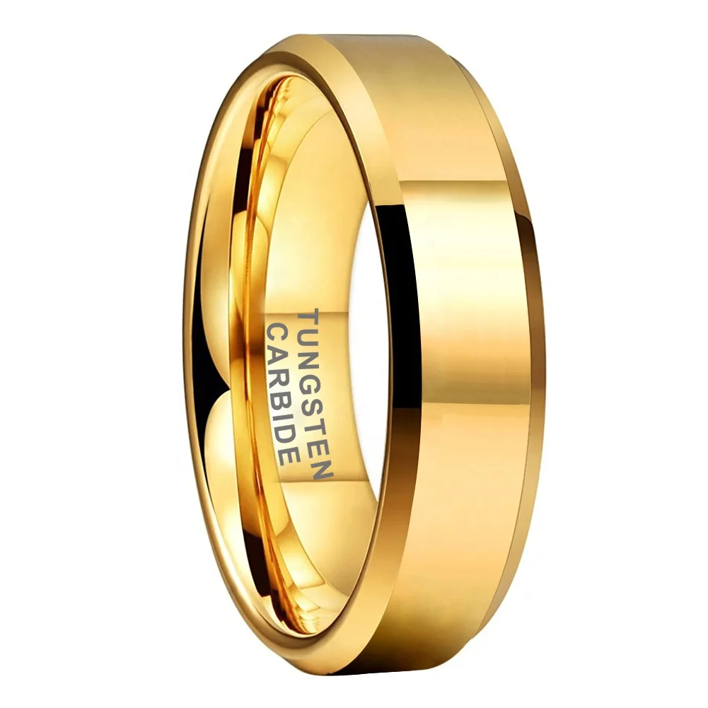 Coolstyle Jewelry Wholesale 6mm Beveled Polished Gold Plated Tungsten Finger Ring for Men Women Fashion Engagement Wedding Band