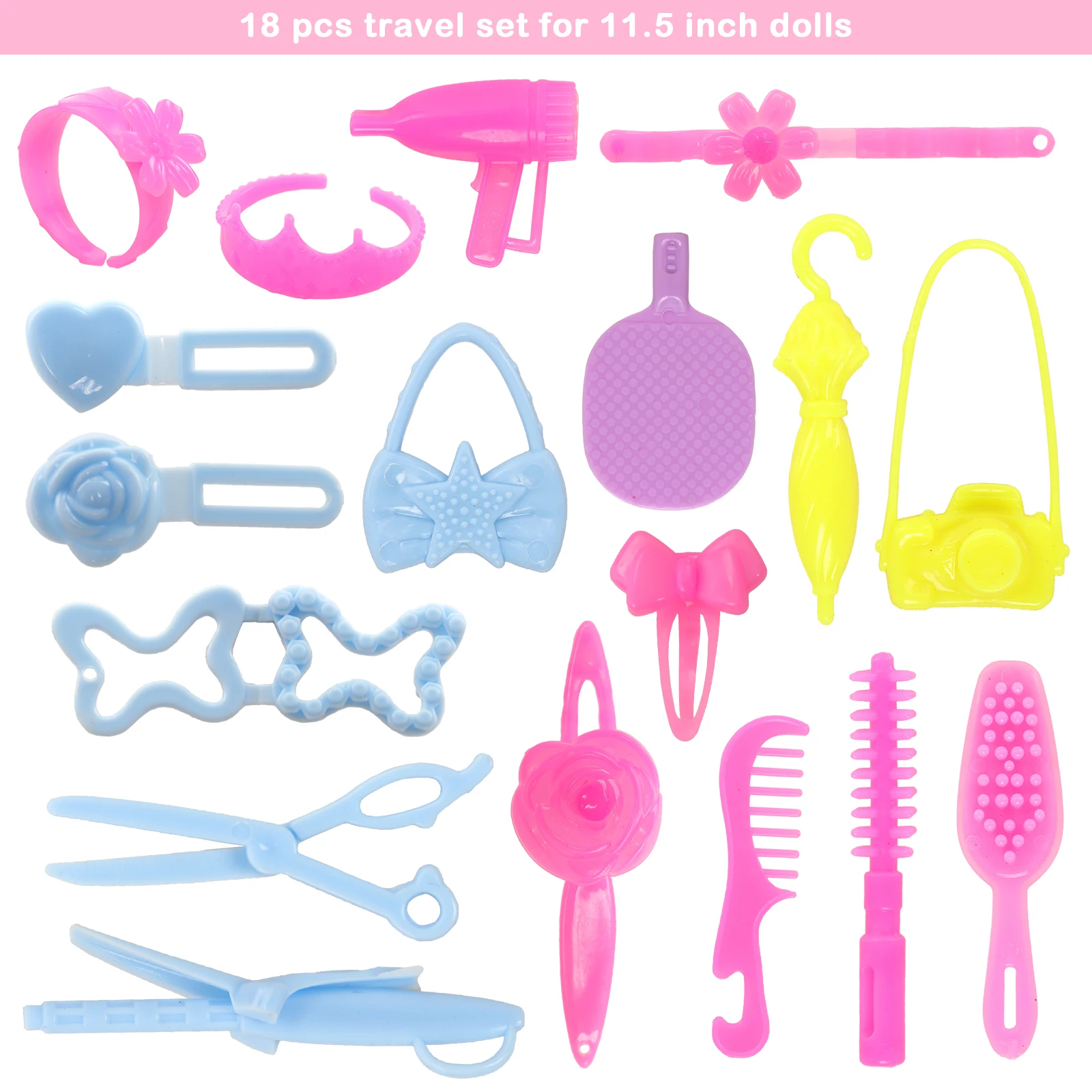 Barwa 63 Pieces Doll Accessories=12 Wash Accessories+13 Dress up Accessories+18 Dress up Accessories+20 Rubber Bands