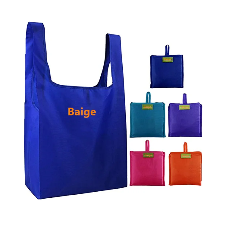 Custom Logo Big Supermarket Foldable Shopping polyester bag into Pouch Eco Friendly  Rpet Tote Reusable Grocery Bags