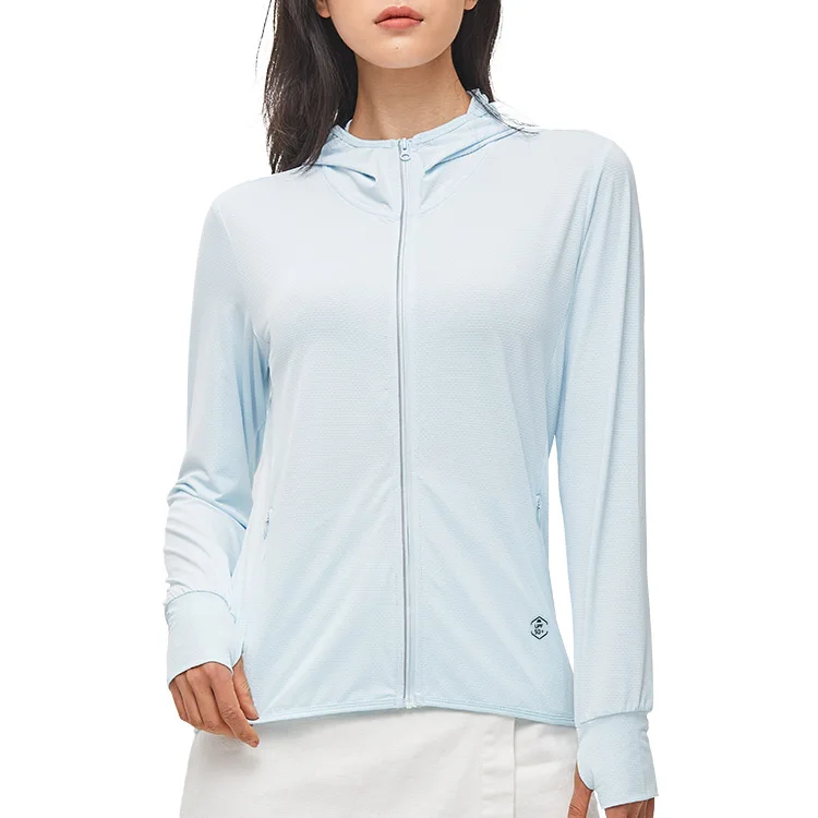 Женская Солнцезащитная одежда с капюшоном для бега, походная рубашка для выступлений UPF 50 + УФ уличная куртка