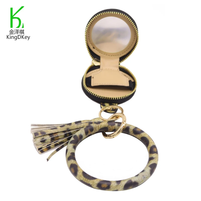 Creative Portable Cosmetic Bag Leopard Printed Keychain clasp Leather Mirror Makeup Case Keytag Leather Charm Bracelet Keyring