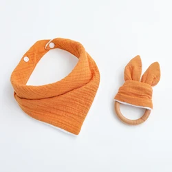 Toddler Triangle Scarf Feeding Bibs Soft Gauze Towel Rabbit Ear Teether70mm Safe Organic Wooden Ring set