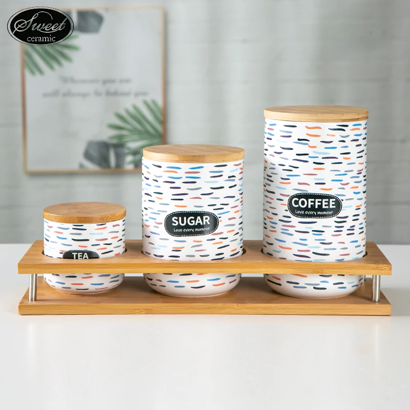 Wholesale  kitchen decorations ar 3pcs set Tea Coffee Sugar Storage Jar Ceramic Coffee Canister With Bamboo Wood Lid gift