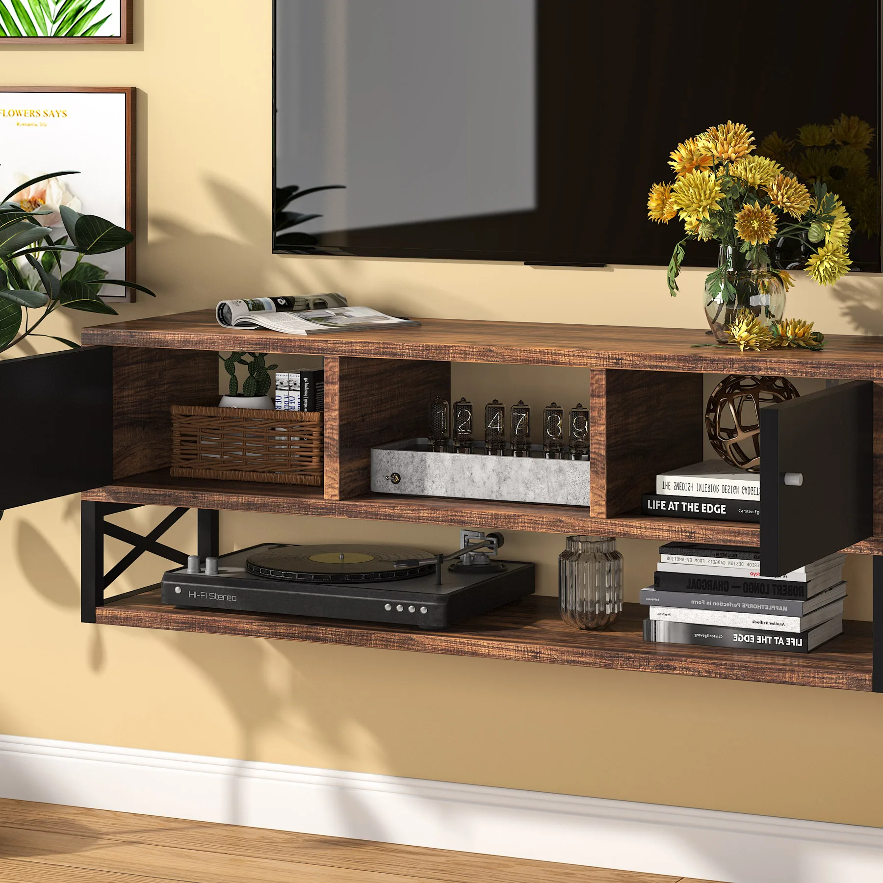 Modern accent decorative living room floating 3-Tier vintage wall mounted media entertainment center TV stand cabinet