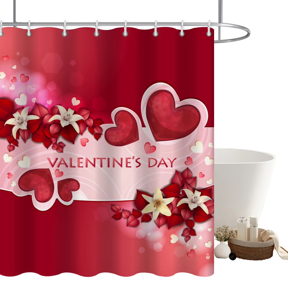 Hearts Shower Curtain, Valentines Day Falling Red Hearts Shower Curtains For Bathroom, Heart Cloth Fabric Bathroom Decor Set (1600411183997)